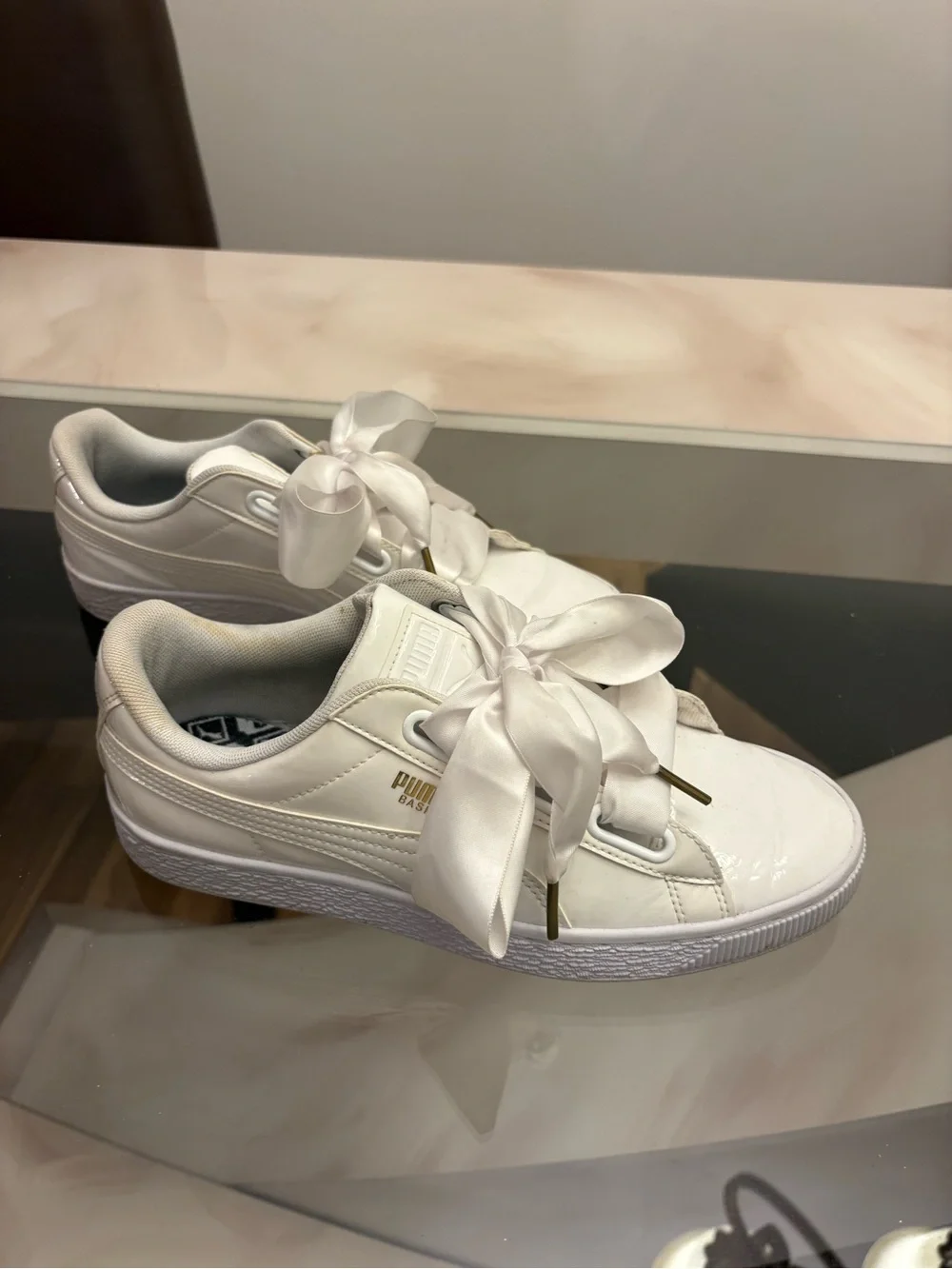 Puma White Patent Leather Sneakers with Satin Bow Laces size 9